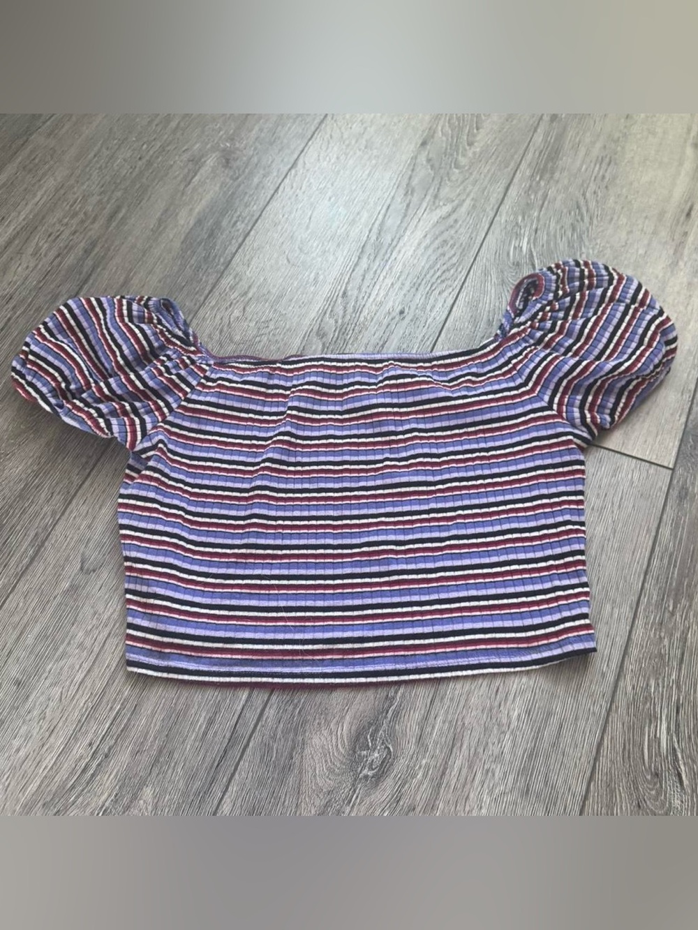 wild fable Striped Off-Shoulder Crop Top in Purple, Black and Pink
